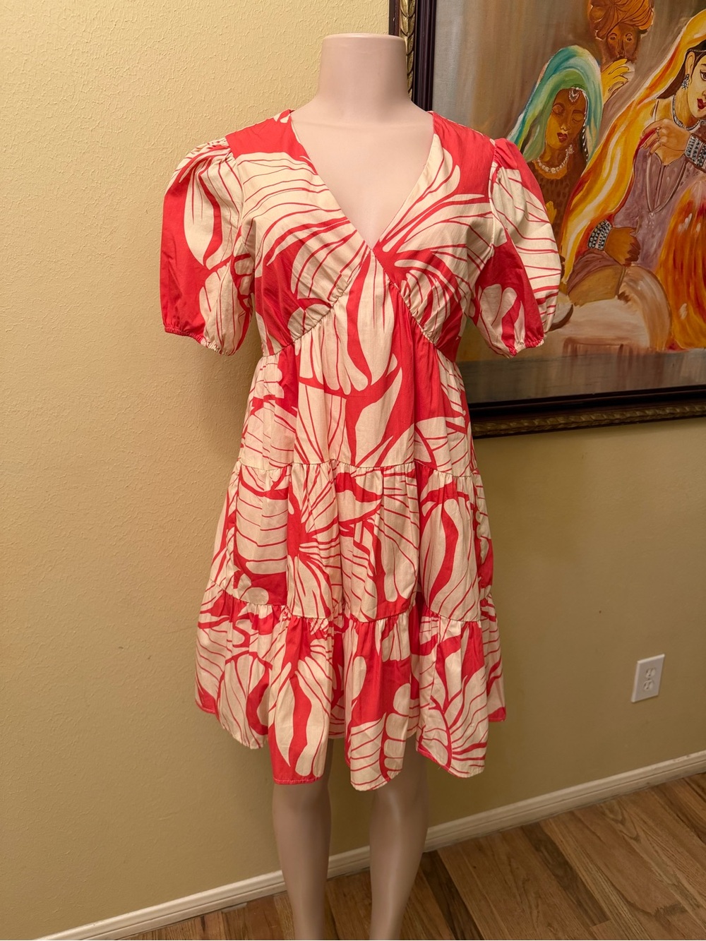 Hutch Coral and Cream Floral V-Neck Puff Sleeve Mini Dress